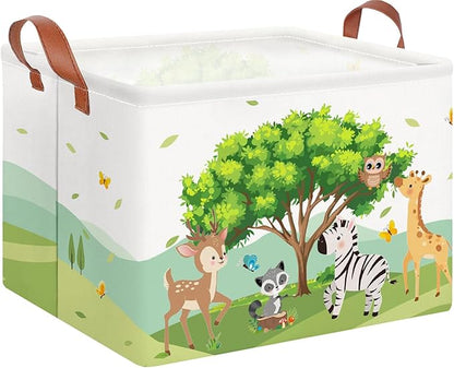 CLOCOR Rectangular Storage Basket,Collapsible Cute Pattern Storage Bin,Waterproof Books Box with Handles,Gift Basket(Woodland Animal)