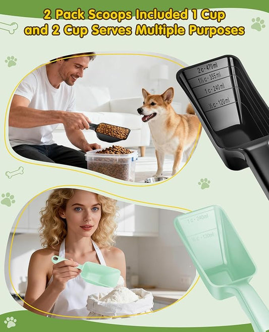 2 Pack Dog Food Scoop with 1 Cup and 2 Cup Capacity, Plastic Pet Food Measuring Scoops with Clear Measurement Lines for Dogs, Cats & More,Dishwasher safe (Green and Black)