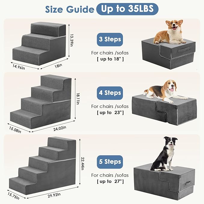 DUMOS Dog Stairs for Medium Dogs, 5-Steps Non-Slip Balanced Extra Wide Indoor Foldable Dog Steps with Density Foam & Washable Cover, Cat Puppy Old Pet Stairs for High Bed, Couch, Sofa - Grey, 27" H