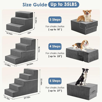 DUMOS Dog Stairs for Medium Dogs, 5-Steps Non-Slip Balanced Extra Wide Indoor Foldable Dog Steps with Density Foam & Washable Cover, Cat Puppy Old Pet Stairs for High Bed, Couch, Sofa - Grey, 27" H