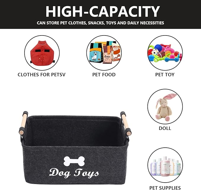 Geyecete Dog Toys Storage Bins - with Wooden Handle, Collapsible Pet Supplies Storage Basket Pet supplies storage Basket/Bin Kids Toy Chest Storage Trunk(DOG-Dark Grey)