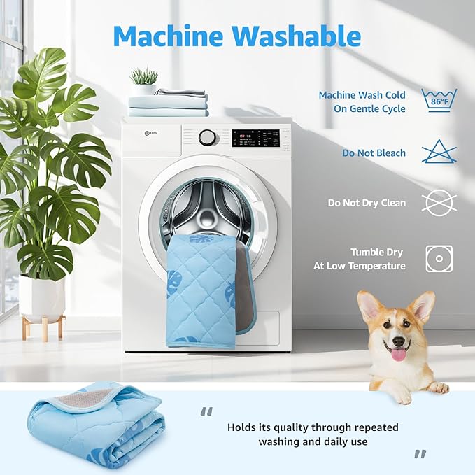 LOOBANI Dog Cooling Mat for Large Dogs - 56"x36" Pet Cooling Mat with Anti-Slip Bottom, Waterproof Self-Cooling Dog Pad for Crate, Floor & Car, Grey Monstera (Blue, 56"x36")