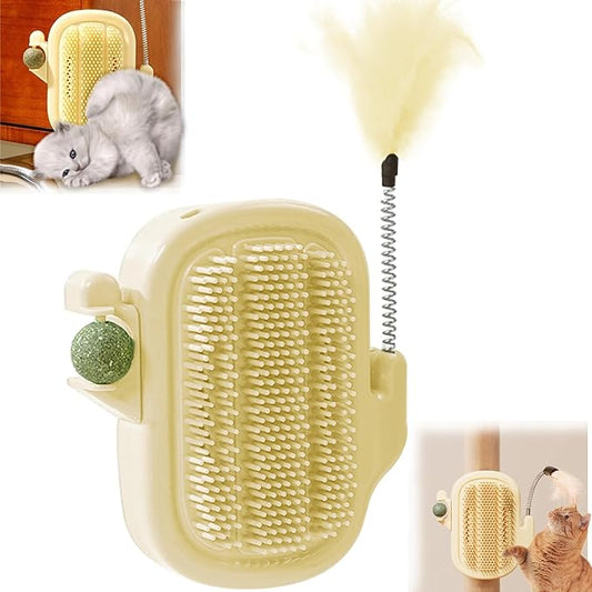 3-in-1 Cat Self Groomer Brush – Wall Corner Cat Scratch Pad with Catnip Ball & Feather Toy, Cactus-Style Wall Brush for Indoor Cats, Cats Massager & Face Scratchers for Fur Pets