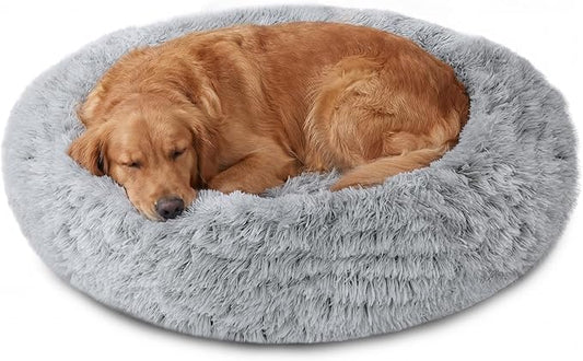 JOLLYVOGUE Calming Dog Beds Large Sized Dog, 36in Donut Washable Large Pet Bed, Anti-Slip & Anti-Anxiety Fluffy Faux Fur Round Dogs Bed, Fits up to 80 lbs Pets (Smoke Grey)