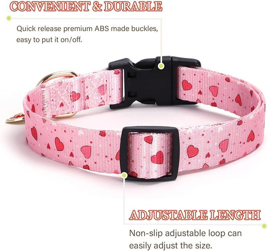 Love Pattern Dog Collar with Buckle Adjustable Safety Nylon Collars for Small Medium Large Dogs, Cute Stylish Girl Boy Christmas Dog Collar(Pink Heart,L)