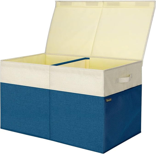 BALEINE Fabric Storage Bins with Lid, Collapsible Extra Large Storage Boxes Bins Baskets with Divider for Home Organizing (25"x13"x16", Navy Blue&Beige)