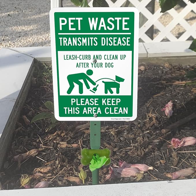 SmartSign Pet Waste Transmits Disease Leash/Curb/Clean Up Yard Sign & Clip-On Dispenser Combo/Kit, 7"x10" Aluminum Sign with 18-inch Steel Stake, Compact Dispenser Preloaded with a 15 Poop Bags Roll