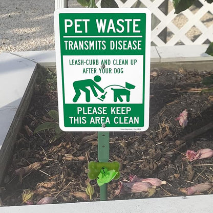 SmartSign Pet Waste Transmits Disease Leash/Curb/Clean Up Yard Sign & Clip-On Dispenser Combo/Kit, 7"x10" Aluminum Sign with 18-inch Steel Stake, Compact Dispenser Preloaded with a 15 Poop Bags Roll