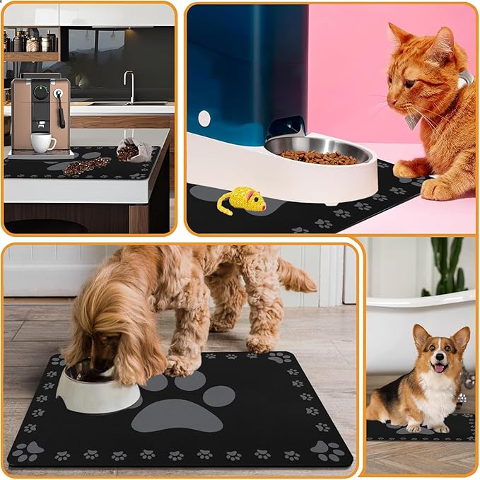 Dog Food Mats for Floor, Absorbent Pet Food Mat - Cat Feeding Mat Quick Dry Dog Bowl Mats for Water Pet Supplies Feeding Placemat 16" x 24" Black