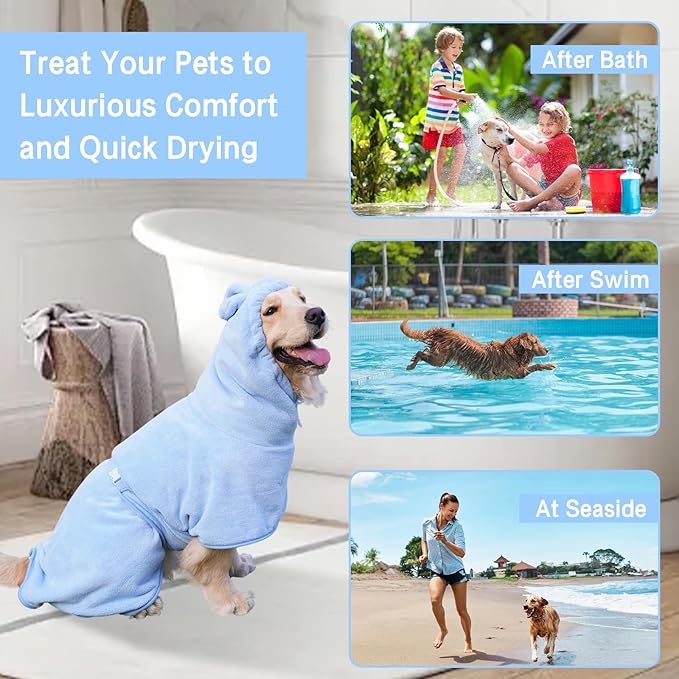 Pet Bathrobe for Dog Cat Absorbently Quick Drying Coat Cute Dogs Bath Towel Hooded Robe Adjustable Collar & Belly Strap for Pool Beach (Blue, Large)