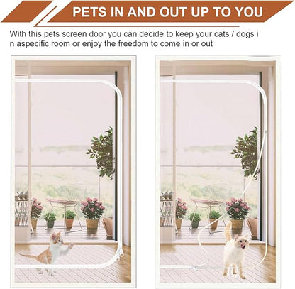 Upgraded Reinforced Pet Screen Door Thickened Cat Resistant Mesh Screen Door for Living Room, Bedroom, Patio, Dog Cat Scratch Proof Screen with Zipper Closure (Fits Door Size up to 36''x 82'', White)