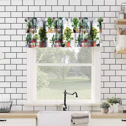 Bohemian Flower Window Valance Curtains, Colorful Boho Floral Black Cats Green House Plants Potted Flower Cactus Valance Curtain for Farmhouse Bedroom Living Room Kitchen 54x18inch