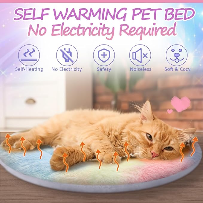 VitalCozy 2 Pack Self Heating Cat Pad Self Heating Cat Bed Machine Washable Heat Pet Mat Reversible Body Thermal Warm Round Dog Bed Crate Blanket for Feral and Indoor Cats(12'',Tie Dye)