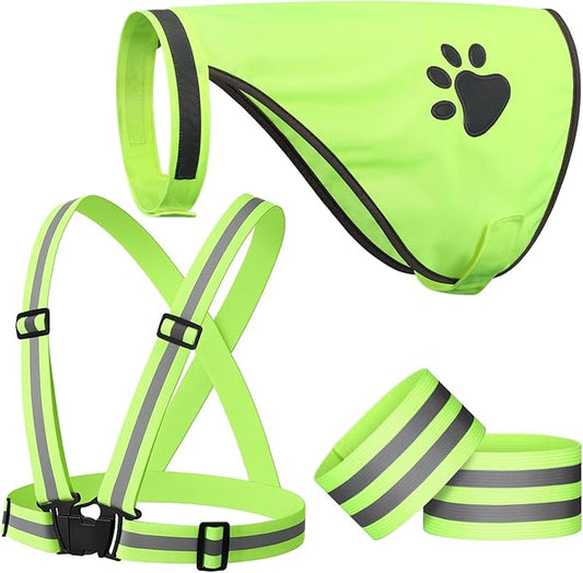 4 Pcs Reflective Running Gear for Dog Walking Reflective Vest Adjustable High Visibility, Sports Wristbands, Dog Safety Vest for Pets Outdoor Walking Cycling Camping(Fluorescent Green)