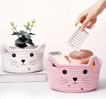 Zopeal Cat Basket Storage Woven Organizer with Ears Easter Decorative Pet Toy Cute Cotton Rope Basket for Gift Cat Dog Toy Bin Nursery Room(8.3 x 4.7 Inch,Pink)