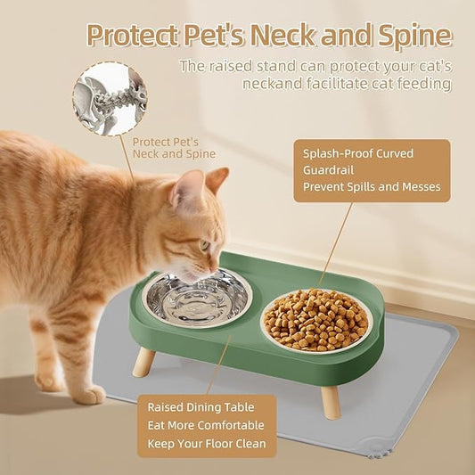 Elevated Cat Bowl with Food Mat, Raised Cat Food and Water Bowl Set for Indoor Cats, Splash Proof with 2 Stainless Steel Pet Food Bowls for Cats and Puppies,Whisker Fatigue and Dishwasher Safe (Green)
