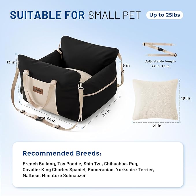 Dog Car Seat for Small Dogs - Waterproof Pet Booster Seat for Car with Clip-On Safety Leash, Soft Travel Carrier for Puppy up to 25 lbs, Memory Foam Filling and 2 Adjustable Buckles, Beige