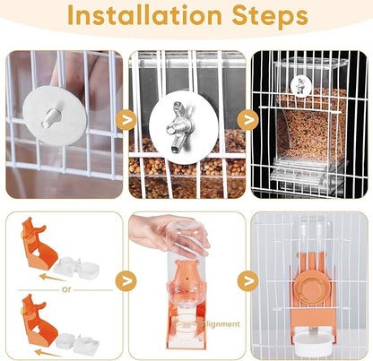 No Mess Bird Feeder for Cage, Automatic Drinker for Parakeet, Canary & Budgies (Orange)