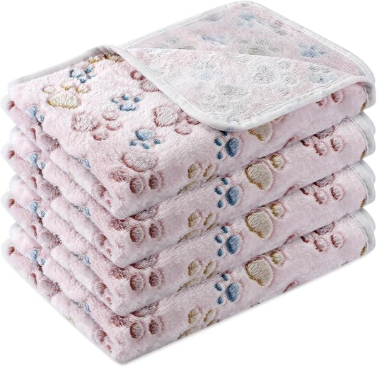 Tatuo 4 Pcs Dog Blanket for Pet Cat Blankets Indoor Puppy Teething Stuff Toys Paw Print Fleece Soft Blanket Sleep Mat for Guinea Pig Cage(Beige,Small(24 x 16 Inch),Square)