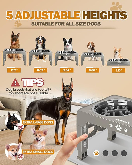 Elevated Dog Bowls with Mat, Non-Slip Dog Feeder with 1*Stainless Steel Dishes & 1*Slow Feeder Bowl, 5 Heights Adjustable Raised Bowls for 3.15″-8.66″-9.84″-11.02″-12.2″