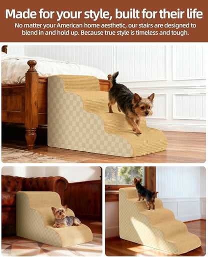 Dog Stairs Ramp for Couch 15.7”H, 3-Step Pet Stairs for Small Dogs with High Density Foam, Dog Slope Stairs with Durable Non-Slip Bottom for Puppy Khaki