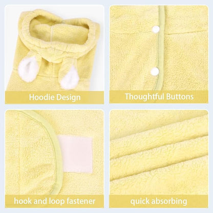 Pet Bathrobe Towel Dog Cat Drying Coat Super Absorbent Cute Dogs Bath Towel Hooded Robe Adjustable Collar & Belly Strap for XSmall to XLarge Pets (Yellow, Medium)