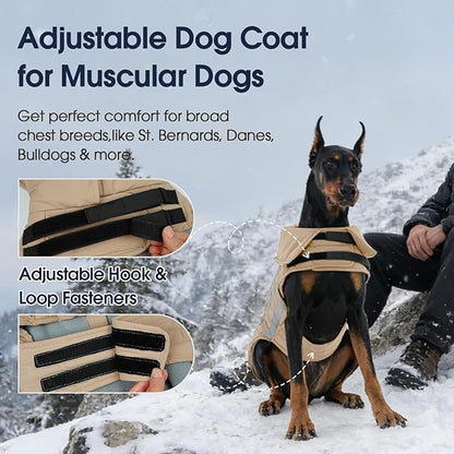 IECOii Dog Coat for Winter - Adjustable Large Dogs Snow Vest Reflective Thermal Jacket for Camping, Climbing, Jogging, Waterproof Cold Weather Coats Windproof, Khaki, Sizes XXXL
