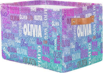 Custom Rectangle Storage Basket, Personalized Name Organizer Bin for Pet/Children Toys, Books, Clothes, Perfect for Rooms/Playroom, Light Blue Purple Glitters Bling