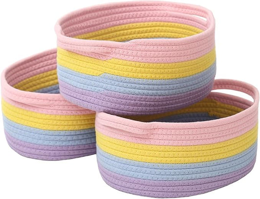 Woven Basket,Small Rope Storage Bin with Handles & Ribbon Bag, Organizer for Shelves Closets,Gift Basket Empty for Birthday,Books,Dog Toys, Rainbow/3 Pack