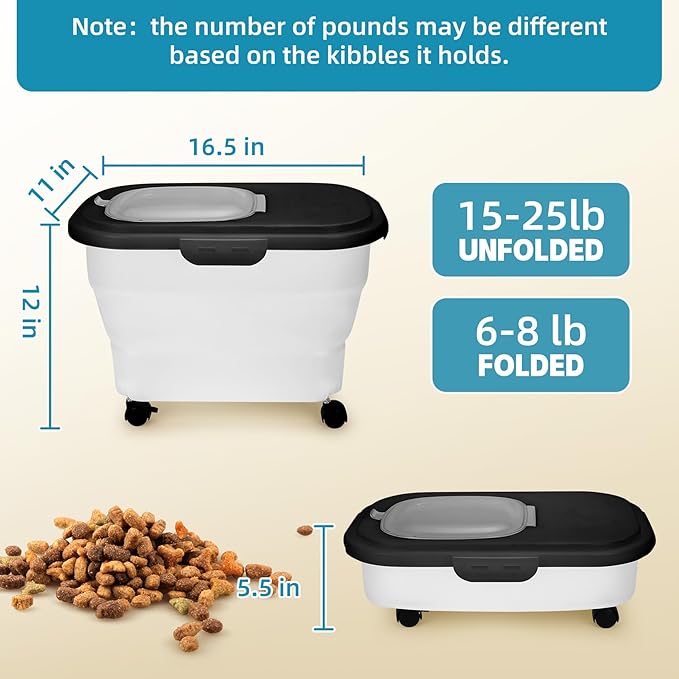 Dog Food Container, Collapsible Pet Food Storage Container 17-20 lb with Rolling Wheels & Airtight Lid, Plastic Storage Bin With Dog Food Scoop and Measuaring Cups