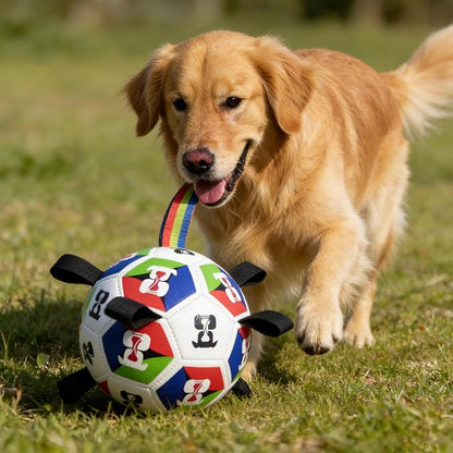 Dog Toys, Word-Cup Style Soccer Ball with Straps, Interactive Lightweight Dog Toys for Outdoor Play, Tug of War, Puppy Birthday Gifts, Water Toy - Ideal Pet Gift for Large Dogs (8 Inch)