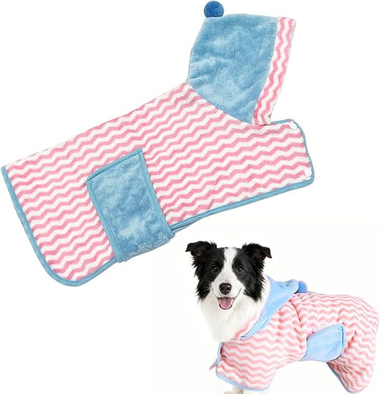 Color Block Absorbent Pet Bathrobe, Soft Bath Towels Hooded Robe for Dogs and Large Cats, Puppy Washable Adjustable Belly Strap Fast Drying Coat, 1 Piece