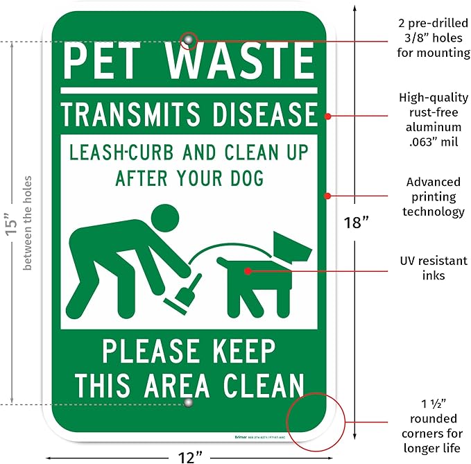 Brimar - 12" x 18" - Clean Up After Your Dog Sign - .063″ White Rust-Free Aluminum - Clean Up Symbol - Easy Installation