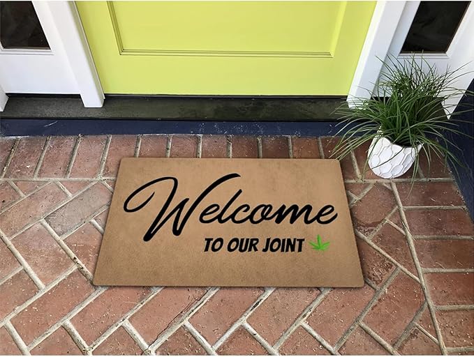 Funny Welcome Doormat (23.7 in X 15.6 in) Anti-Slip Rubber Back Entrance Way Indoor Front Porch Decor Rugs House Warming Gift (Welcome to Our Joint with Cannabis Leaf)