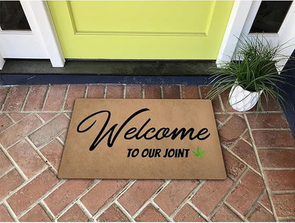 Funny Welcome Doormat (23.7 in X 15.6 in) Anti-Slip Rubber Back Entrance Way Indoor Front Porch Decor Rugs House Warming Gift (Welcome to Our Joint with Cannabis Leaf)
