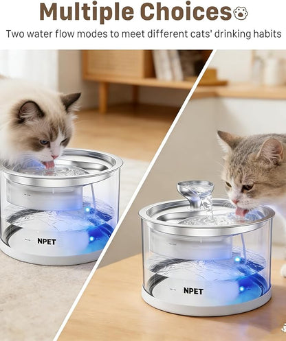 NPET N280 Glass Cat Water Fountain - 2.8L Automatic, Ultra-Quiet Pump with Stainless Steel Tray, Easy to Clean & Eco-Friendly for Cats and Dogs