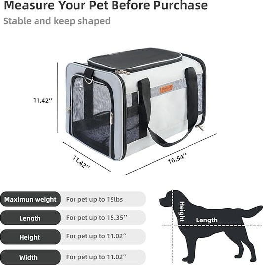 YUNIQUE Soft-Sided Cat & Dog Carrier for Pets Up to 15 Lbs, Airline Approved Collapsible Travel Puppy Carrier with Lightweight Fabric Design (lightgrey)