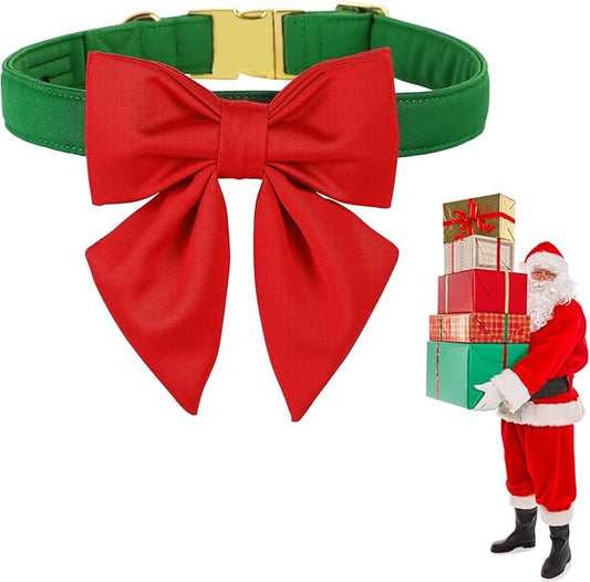 Maca Bates Christmas Grass Green Dog Collar with Cute Solid Sailor Bow Tie for Extra Large Girl Boy Dogs,Adjustbale Durable Breakaway Soft Collars with Bowtie for Female Male Puppy,Pet
