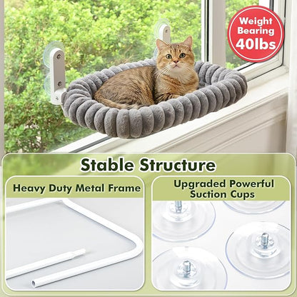 Cat Window Perch with Bolster, Cordless Foldable Cat Window Hammock with Strong Suction Cups & Metal Frame, Machine Washable Pet Bed for Indoor Cats (Gray, Medium)