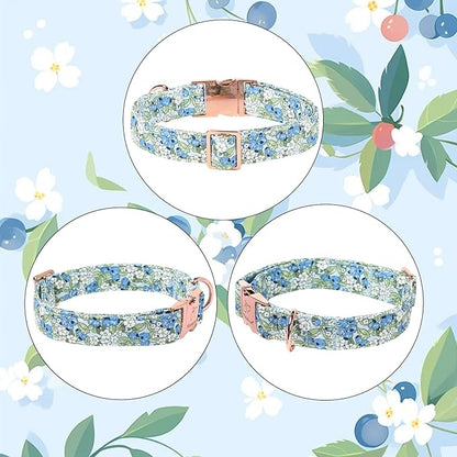 Blueberry Garden Dog Collar, Spring/Summer Cottagecore Floral Dog Collars, Adjustable Heavy Duty Girl Dogs Collar for Small Medium Large Dogs with Metal Buckle XL
