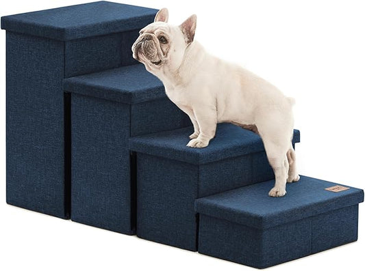 Love's cabin Dog Stairs for Small Medium or Large Dogs with Storage and Adjustable Steps, Foldable Cat Steps for Bed or Couch, 4-Step Folding Ramp with Zip up to 200 lbs, Navy Blue