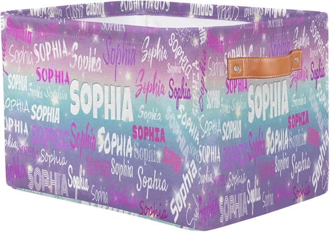 Personalized Name Storage Basket with Handles, Canvas Storage Bins Toys Clothes Organizer for Bedroom, Kitchen, Bathroom, Nursery, Shelves, Closets, Purple Blue Galaxy with Stars