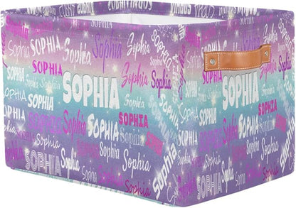 Personalized Name Storage Basket with Handles, Canvas Storage Bins Toys Clothes Organizer for Bedroom, Kitchen, Bathroom, Nursery, Shelves, Closets, Purple Blue Galaxy with Stars