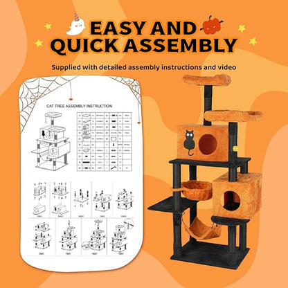 VINGLI 61.1in Halloween Cat Tree, Large Cat Tower with 2 Cat Condos, 2 Padded Perches, 2 Hammocks, Scratching Posts & Hanging Toy, Black & Orange Multi-Level Cat Furniture for Large Cats