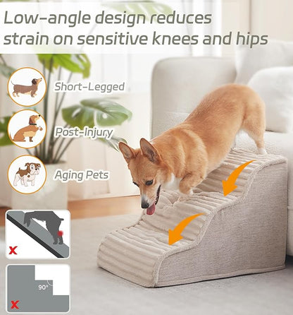 Dog Stairs for Small Dogs & Cats 15.7" H, High Density Foam Dog Steps Ramp for Couch Sofa and Chair, Widened 3-Step Pet Stairs with Non-Slip Bottom and Remove Washable Cover, Beige