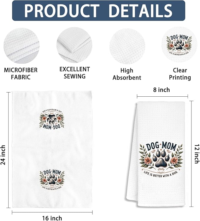 Dog Mom Bathroom Towels, Dog Mom Lovers Owner Gifts for Women Dish Tea Towels, Pet Lover Gifts, Floral Puppy Paws Decorative Hand Towels for Kitchen Bathroom Decor, 16x24 Inch