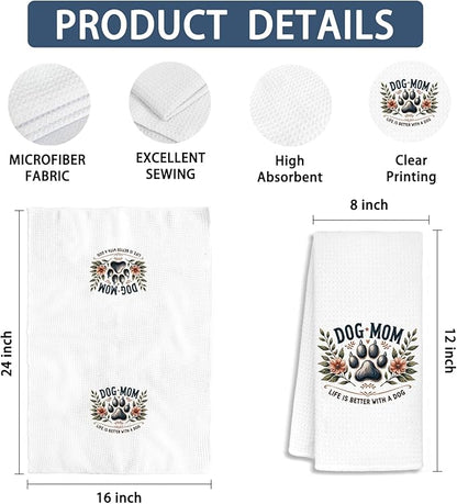 Dog Mom Bathroom Towels, Dog Mom Lovers Owner Gifts for Women Dish Tea Towels, Pet Lover Gifts, Floral Puppy Paws Decorative Hand Towels for Kitchen Bathroom Decor, 16x24 Inch