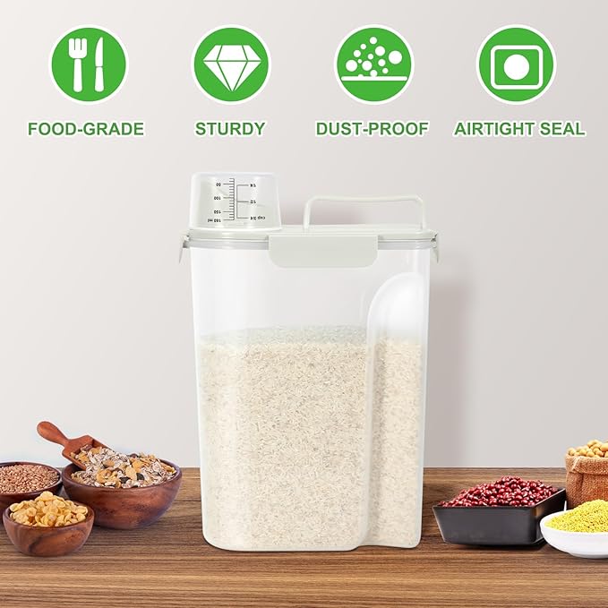 TBMax Airtight Rice Container 10 Lbs, Cereal Dispenser, Pet Cat Dog Food Storage Container, Plastic Kitchen Pantry Food Storage Holder with Cup -Beige