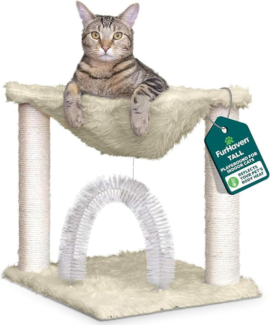 FurHaven 17.3" Tall Cat Scratching Post Tower for Indoor Cats, Sisal Cat Tree, Tiger Tough Hammock Interactive Playground, Toys & Perches for Cats, Sisal, Cream