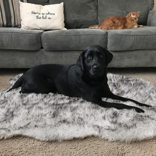 Asrug Soft Faux Fur Dog Rug Plush and Fluffy Dog Mat Ultra Cozy Pet Throw Rug for Dogs Cats, Luxury Soft Faux Sheepskin Chair Cover Seat Pad Shag Fur Area Rugs for Bedroom, Black & White, 3ftx5ft
